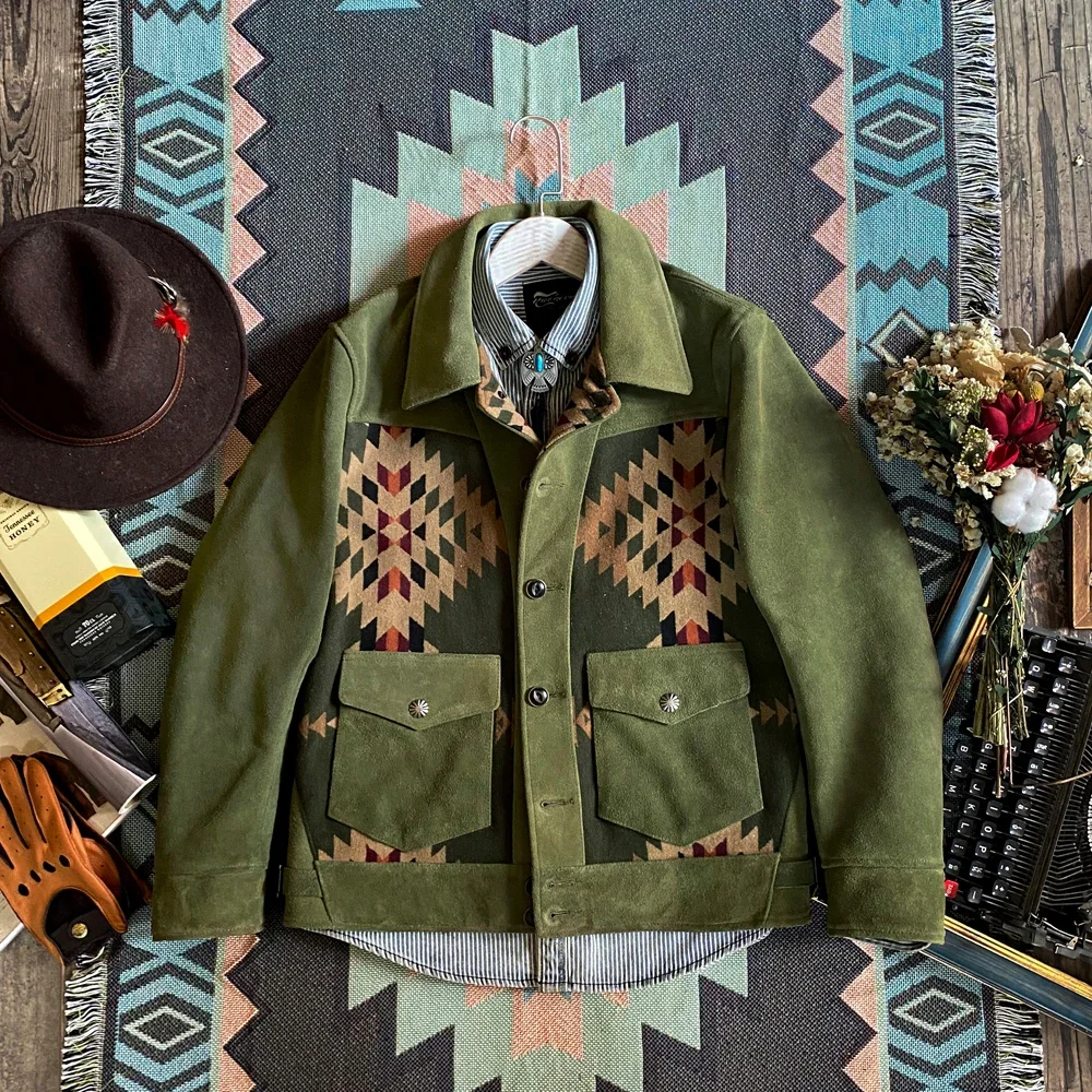 LNY!Wholesales.Men Green Cow Suede Leather Patchwork jacket.Wholesales quality vintage casual genuine leather coat.autumn