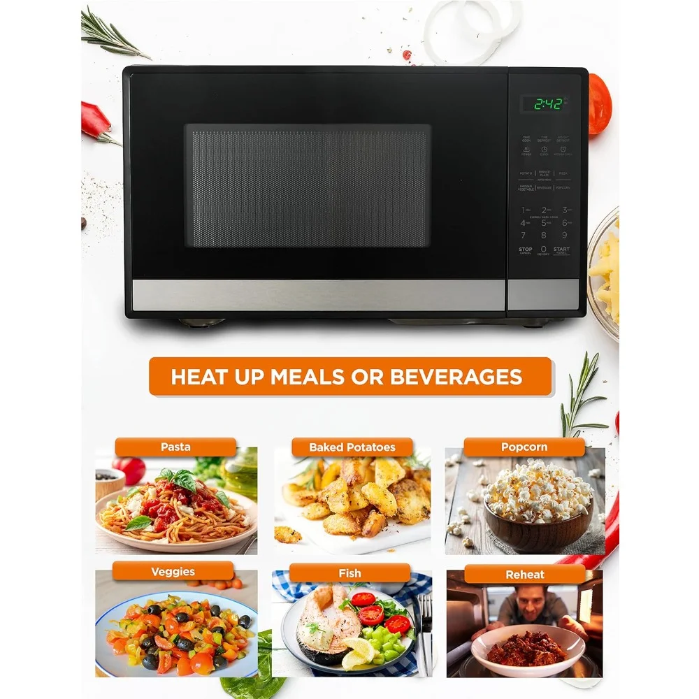 Forno Microondas com Controles de Toque, Display Digital, 0.9 Cu Ft.10 Níveis de Potência e Porta Botão, Fornos Microondas Desktop