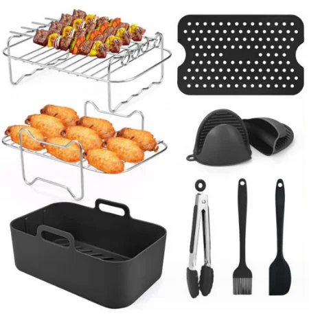 8pcs/Set Air Fryer Accessories Pot Tray BBQ Barbecue Pad Plate Airfryer Oven Baking Food Safe Reusable For Air Fryer 7.6L-9.6L