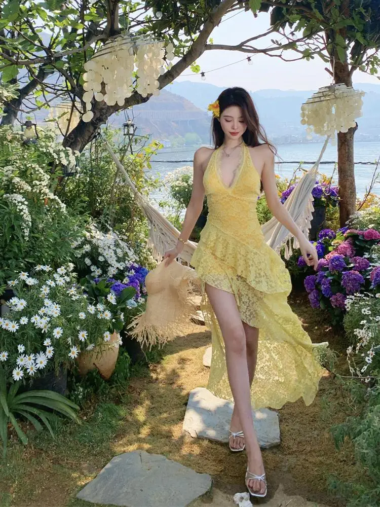 

Summer Yellow Lace Backless Ruffle Edge Pleated Off Shoulder Halter Lace-up Dress Women's Sexy Vacation Party Long Dress Popular
