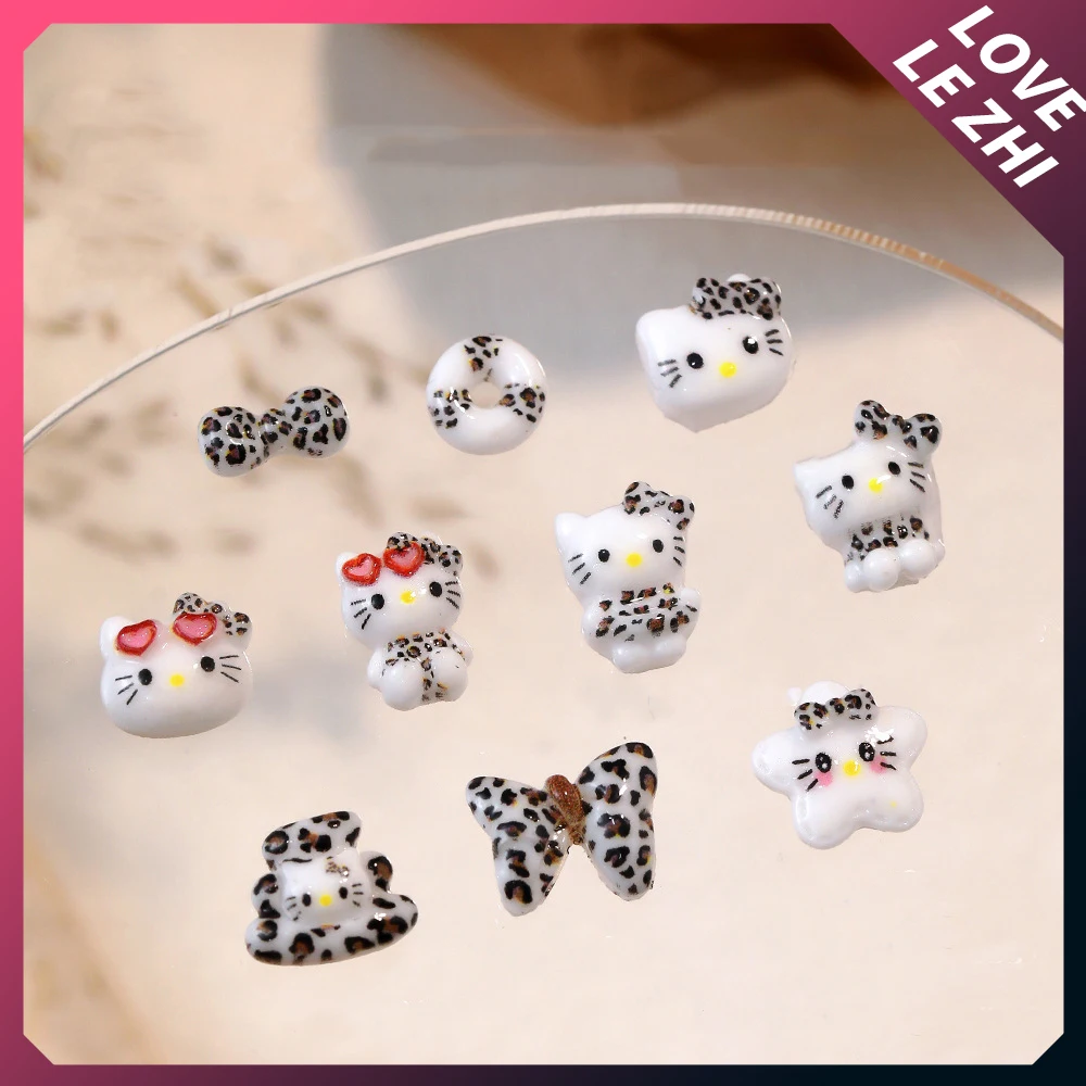 20Pcs New Black White Leopard Pattern Hello Kitty Resin Nail Art Charms 3D Cartoon Cat Head Bow Glasses Diy Nail Art Accessories