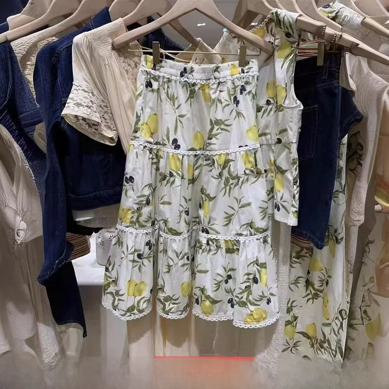 

Новая летняя хлопковая юбка-миди с цветочным принтом и высокой талией, женская юбка-миди, многослойная юбка трапециевидной формы с французским принтом