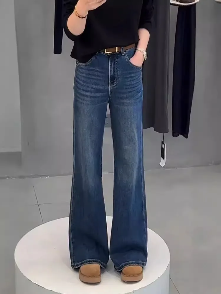 

Широкие расклешенные джинсы с высокой талией, женские эластичные джинсы прямого кроя, осенняя мода, большие размеры, скрывающие бедра, для похудения, длиной до пола