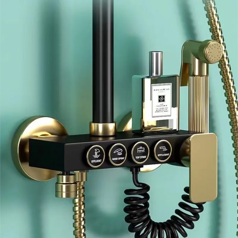 Imagem -02 - Conjunto de Chuveiro para Banheiro Shower Nozzle Booster Sistema de Chuveiro Quente e Frio Black Gold Brass Hotel Home Acessórios