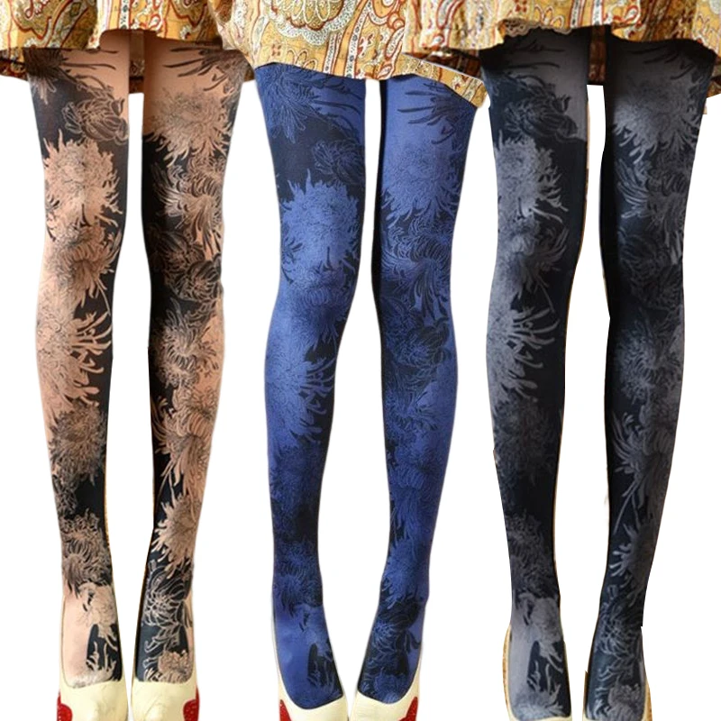 

Women Dark Color Flower Printed Tattoo Tights Spring Autumn Gradient Socks Japanese Gothic Dark Lolita Stockings Skinny Pants