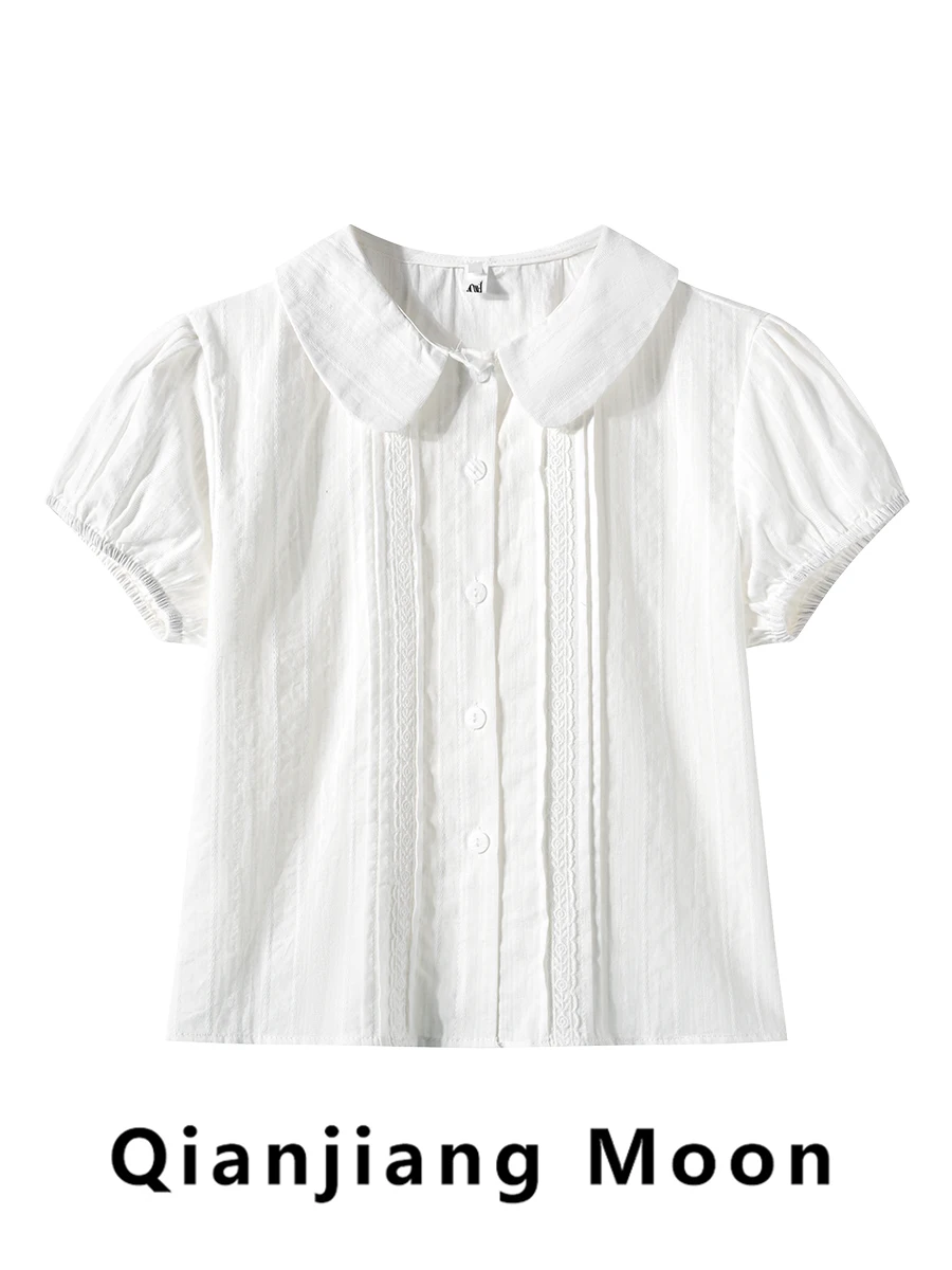 Korean Style White Doll Collar Bubble Sleeve Shirt Women's Summer New Single Button Sweet Anti-Aging Casual Versatile Top