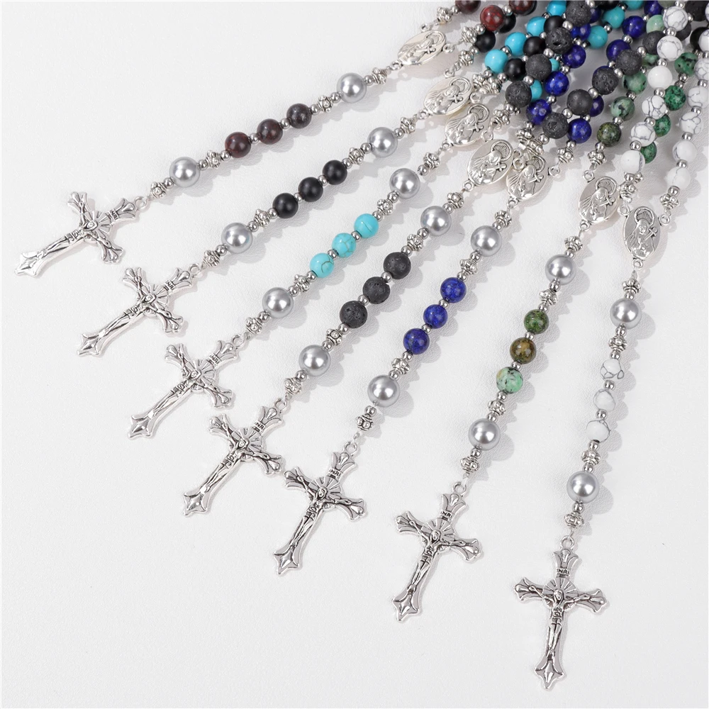 Men Catholic Cross Pendant Rosary Bracelet Natural Stone Lava lapis lazuli Beads Chain Religious Jewelry Women Meditation Bangle