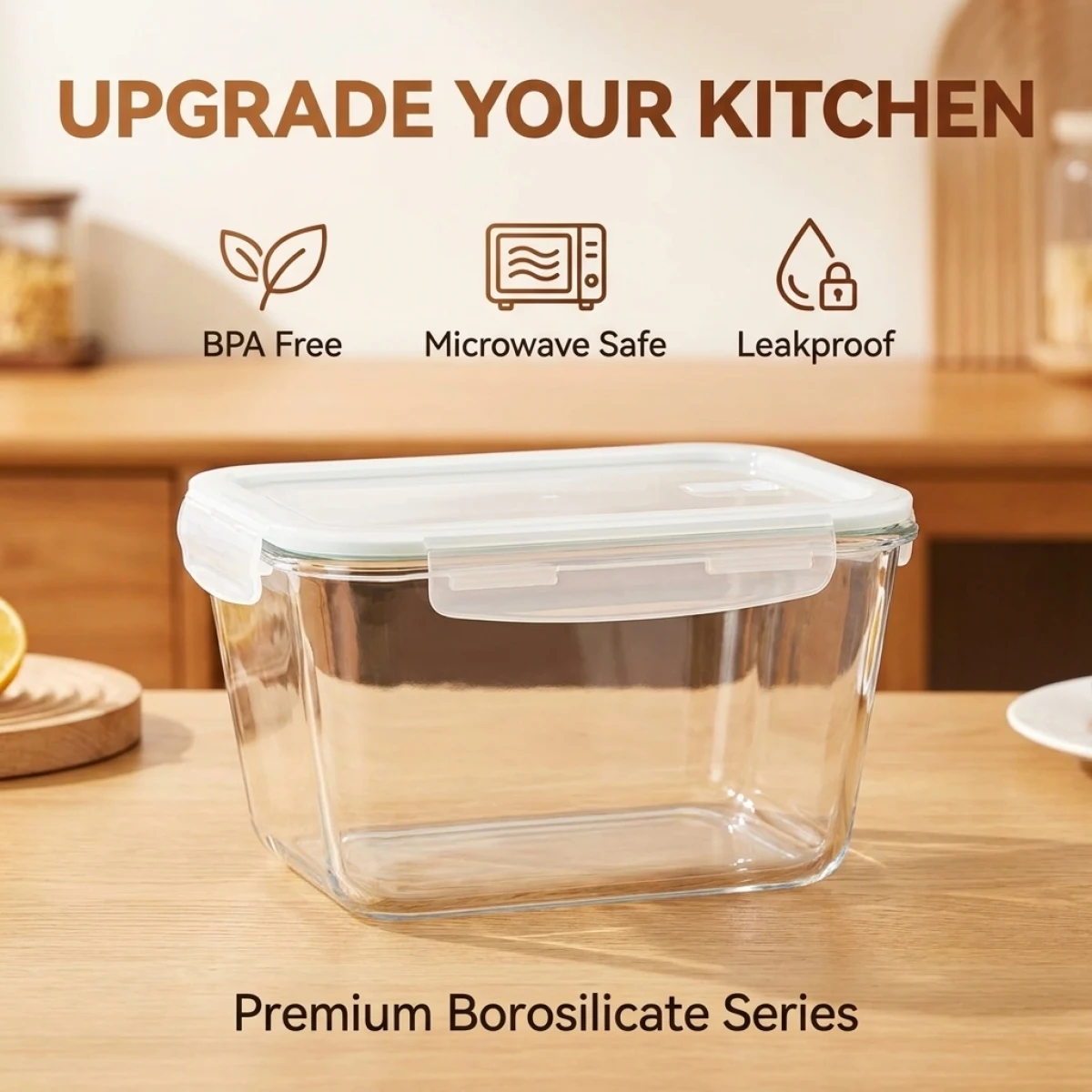 

Extra Large Borosilicate Glass Food Storage Bowl–Leakproof White Lid, Stackable Rectangle Lunch Box for Freshness,Meal Prep