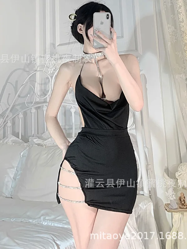 Diversão transparente novo pescoço picante pendurado corrente secretário uniforme sexy abertura lateral oco para fora cama roupa interior apaixonada vestido dk6j