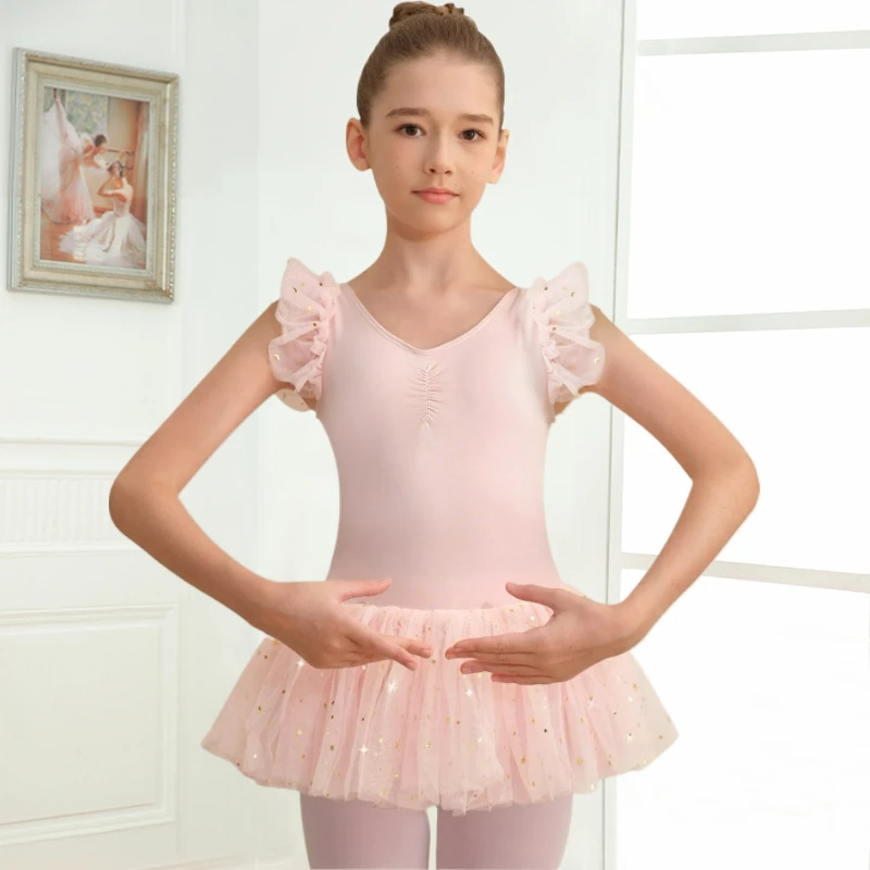 فستان رقص باليه للفتيات الصغيرات سباركلي ذو الطابقين وأكمام مرفرفة مع بطانة أمامية كاملة لأداء الرقص
