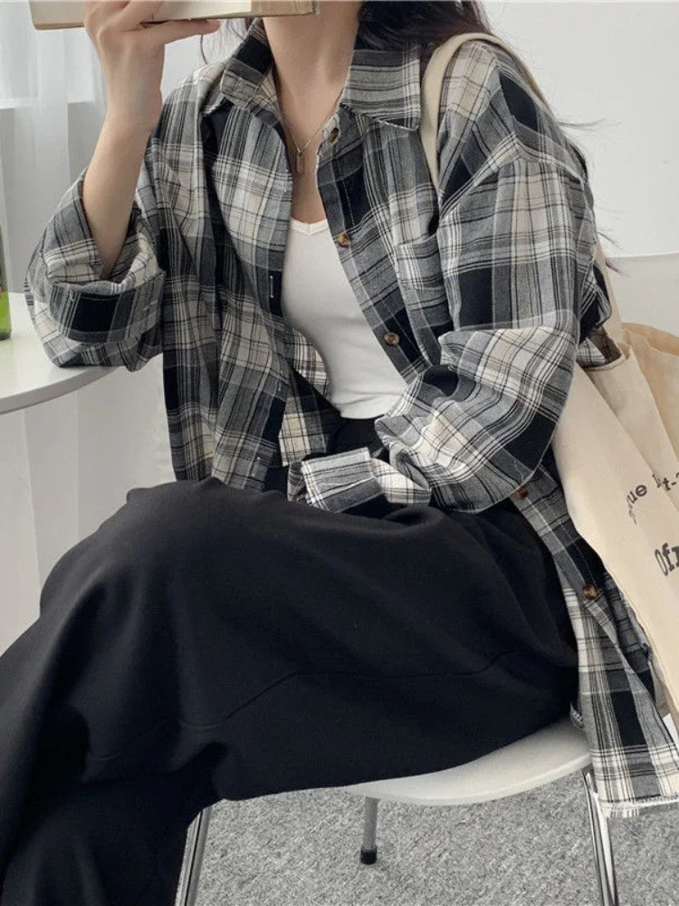 Casual Long Sleeves Autumn Blouse Korean Mid Length Loose Women Winter Plaid Shirt Female Fashion Turn Down Collar Tops