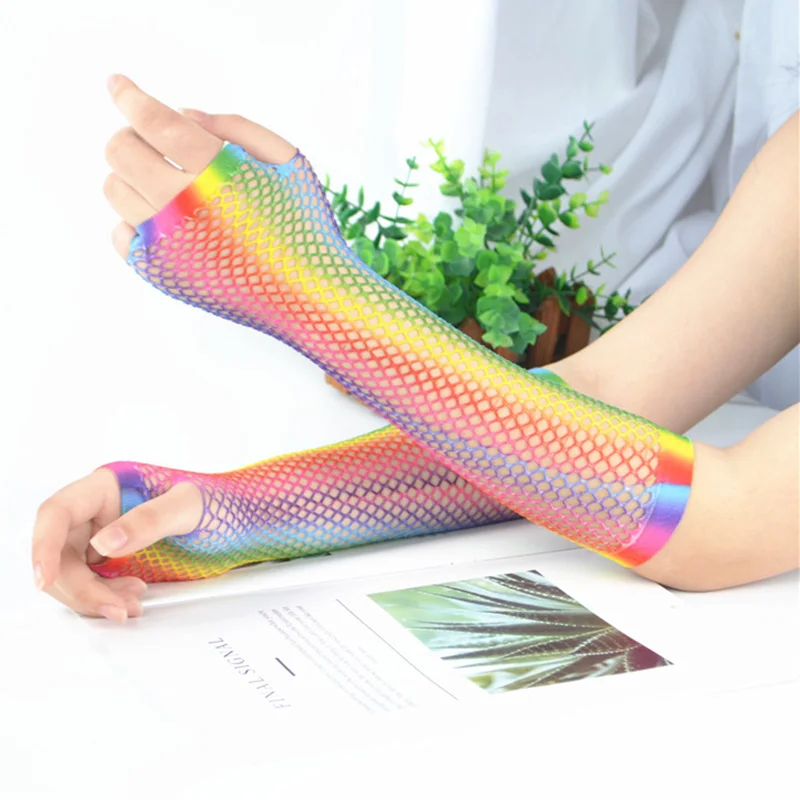 Nightclub Sexy Fishing Net Gloves Rainbow Neon Party Punk Half Finger Gloves Women Disco Dance Costume Long Mitten