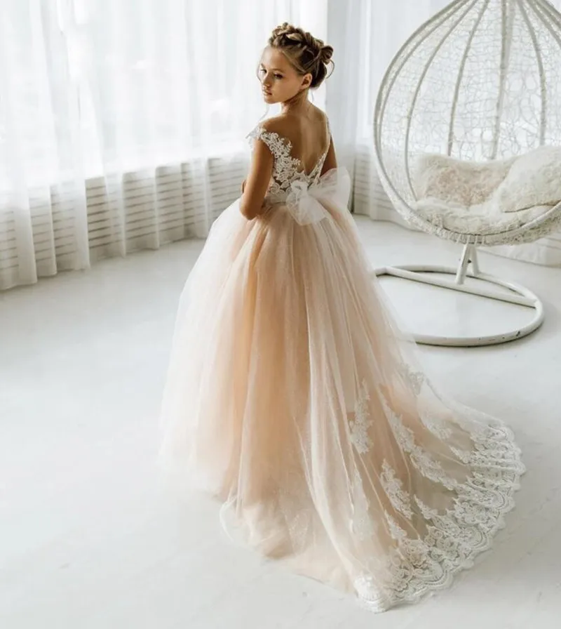 

Fluffy Champagne Tulle Flower Girl Dress for Wedding Party Lace Appliques Girls Birthday Gown Kid Holy First Communion Dress