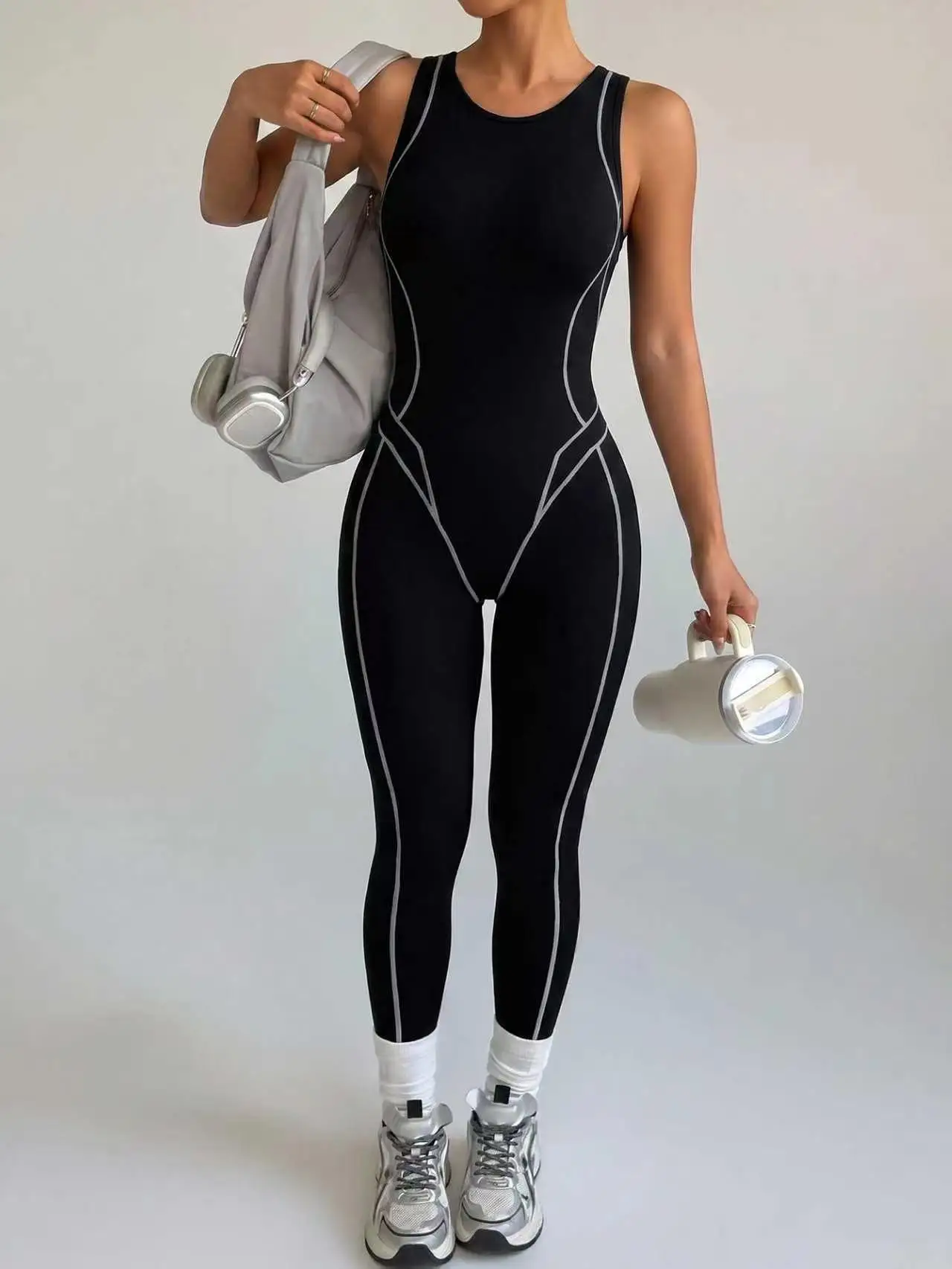 Women Sleeveless Contrast Stripe Jumpsuit Back Zipper Bodycon Sport Bodysuit High Waist Workout Yoga Gym Fitness Romper