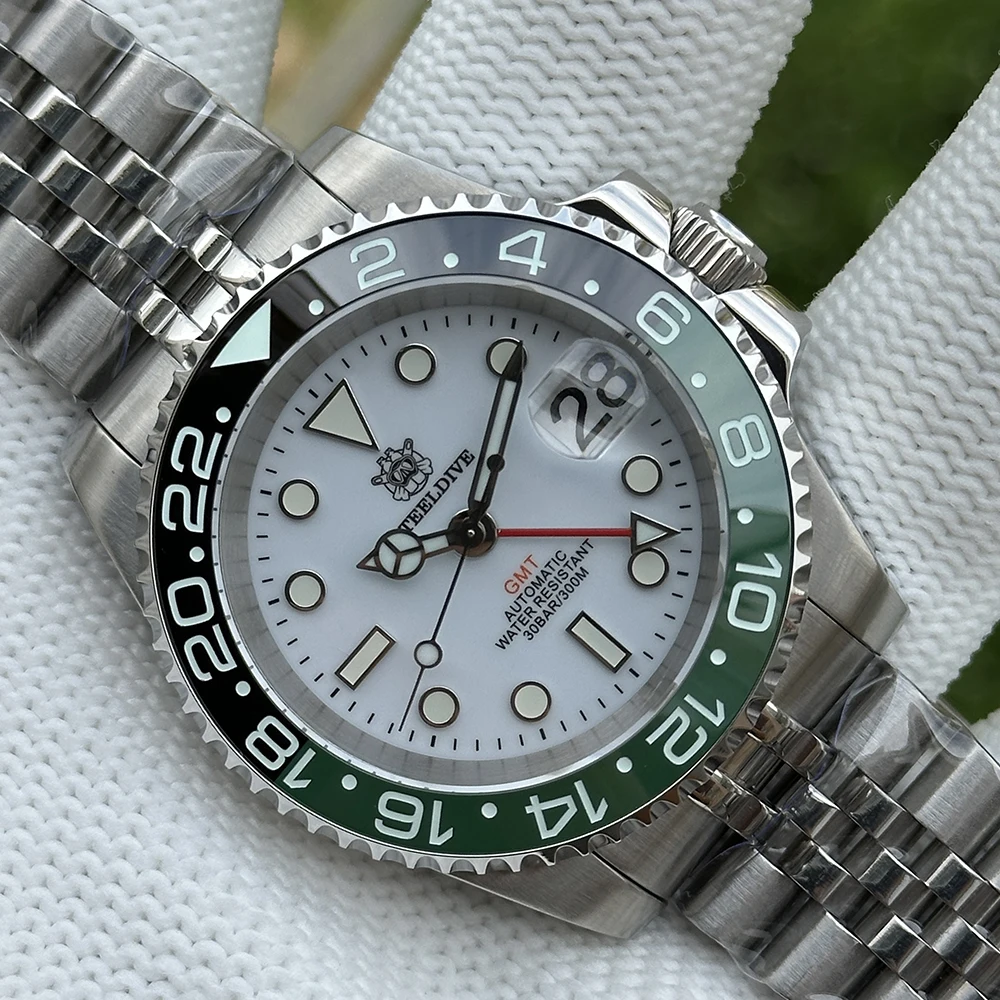 ساعة STEELDIVE للرجال بتوقيت جرينتش 40.5 ملم ساعة يد ميكانيكية أوتوماتيكية غواص 30ATM مقاومة للماء BGW-9 ياقوت مضيء NH35 حافة سيراميك