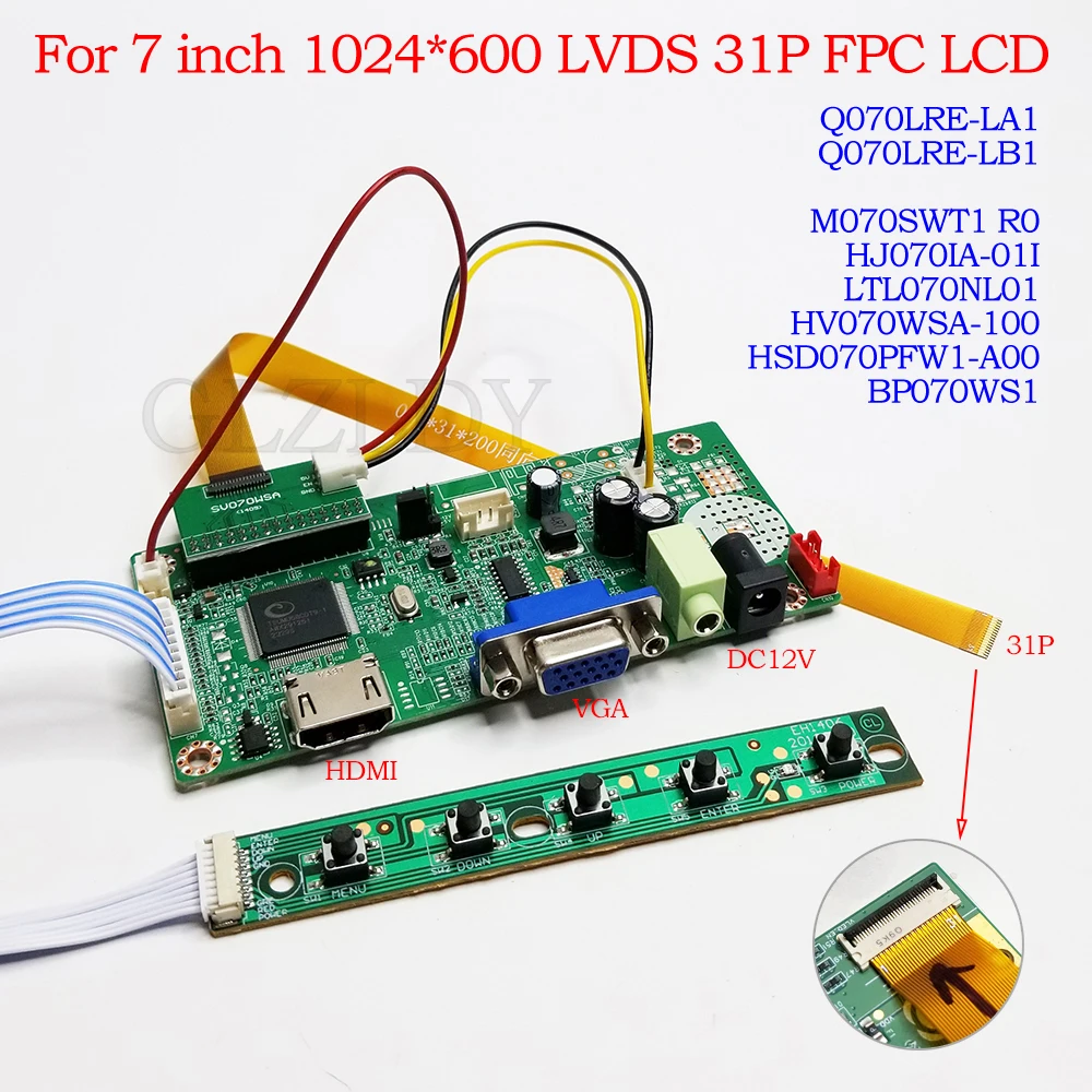 LCD Controller Board For Q070LRE-LB1 M070SWT1 R0 HJ070IA-01I HV070WSA-100 HSD070PFW1-A00 BP070WS1 1024*600 LVDS 31P 0.3mm FPC