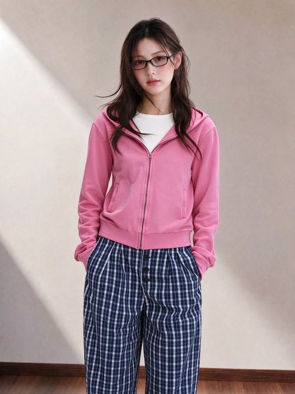 Washed out Pink Hoodie Jacket Women's Short Style Autumn Fashion Slim Fit Cardigan Top Durable Casual Wear for Young Ladies