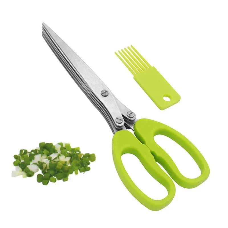 Cortador de cebolla multicapa multifuncional, cuchillo de acero inoxidable, tijeras para hierbas de 5 piezas, herramientas de cocina para especias, accesorios de cocina