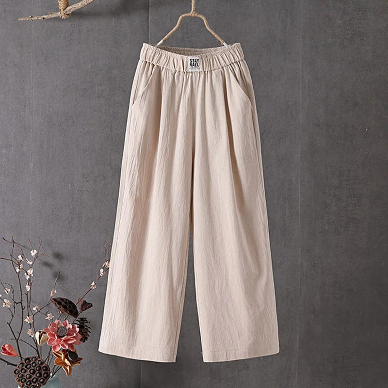 Sommerliche, lockere Freizeithose für Damen, bequem, atmungsaktiv, elastische Taille, weites Bein, einfarbig, vielseitig kombinierbar, Baumwoll-Leinen-Hose – Detail 11