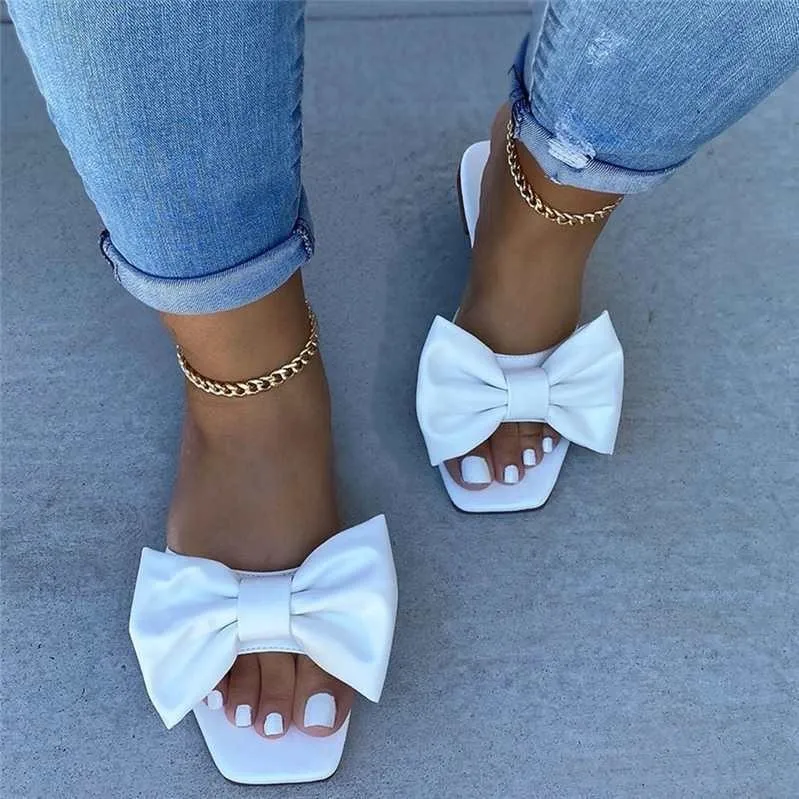 Fashion Summer Plus Size One-line Solid Color Bow Flat Sandals Outdoor Beach Slippers Elegant Women Shoes 2023