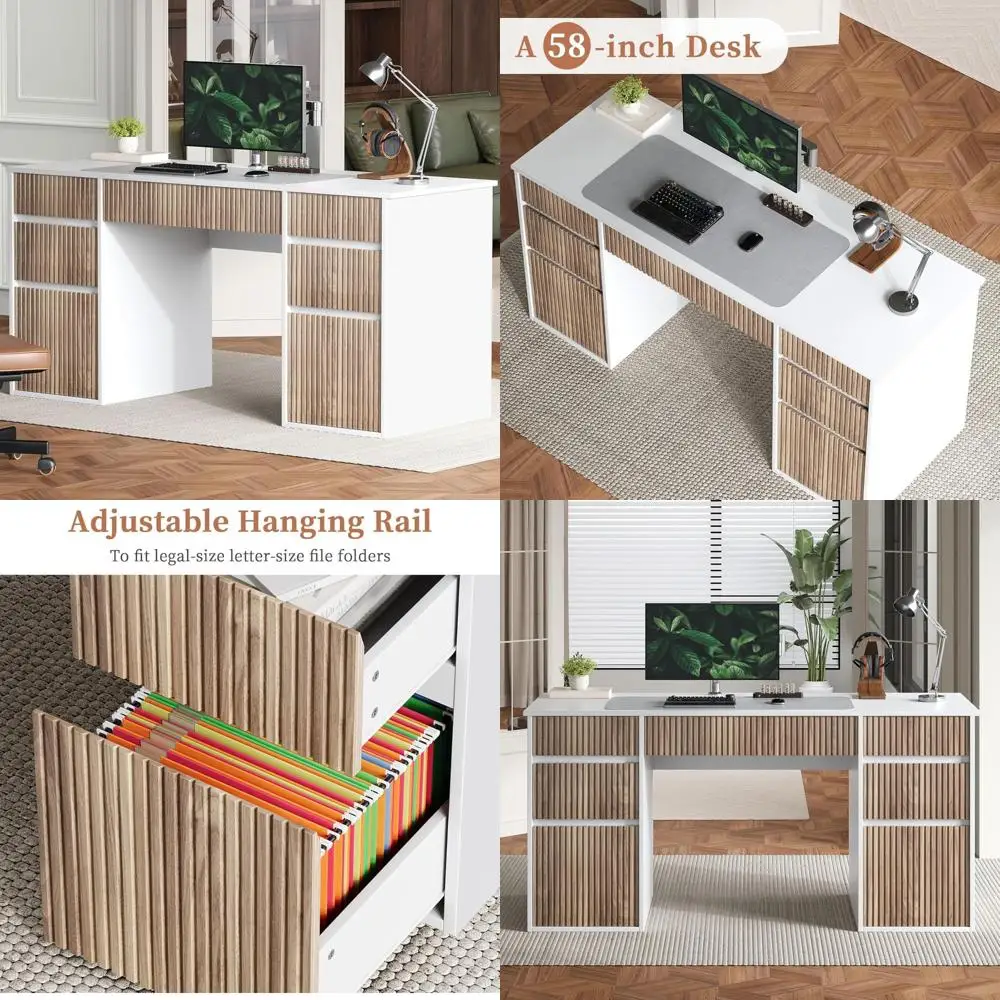 Large 58 Inch White Desk with 7 Drawers, Home Office Desk for Storage and Organization, Executive Style Desk with File Cabinet S