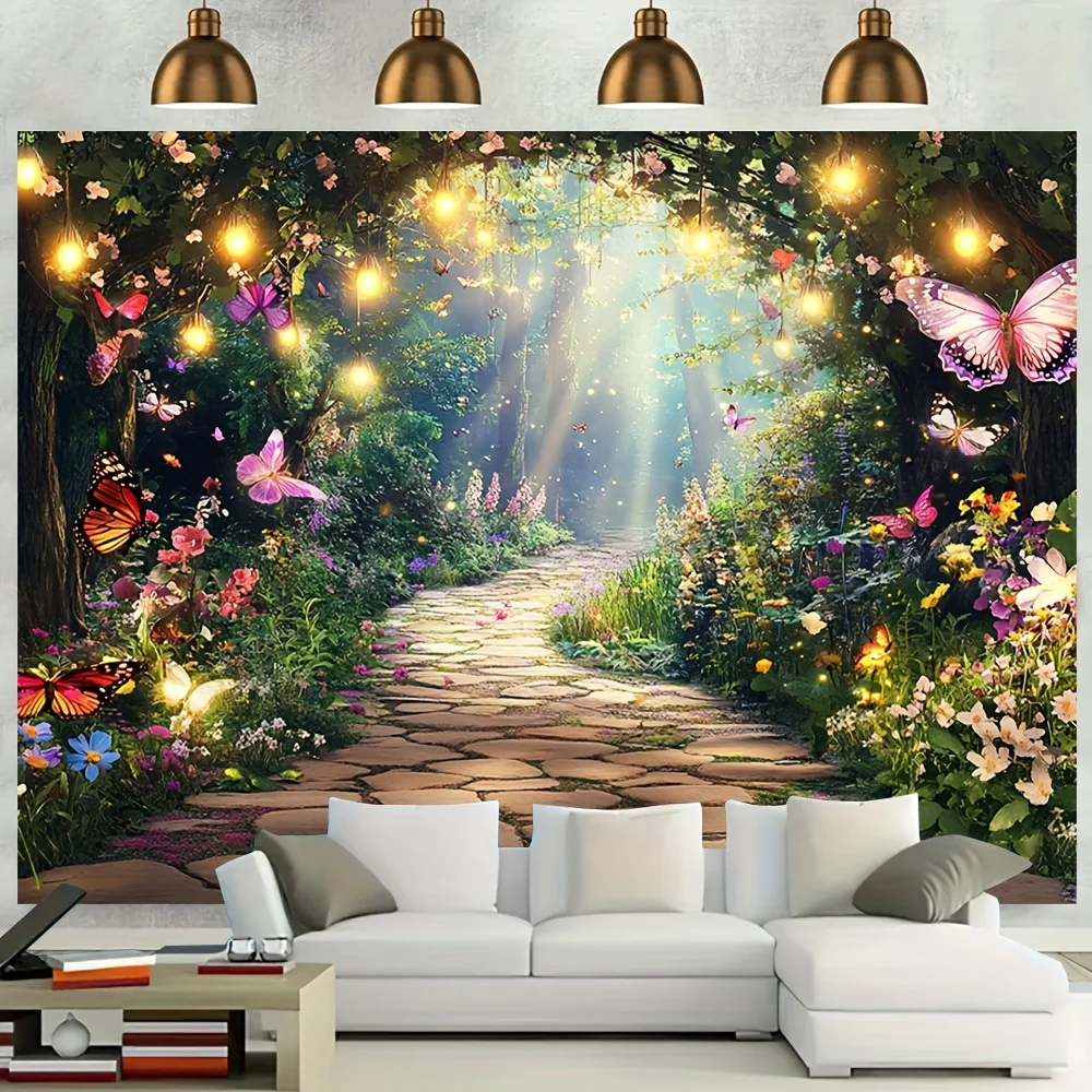 نسيج مسار الغابة المسحور - فن جداري للحديقة السحرية مع الفراشات والزهور لتعزيز جمال المنزل