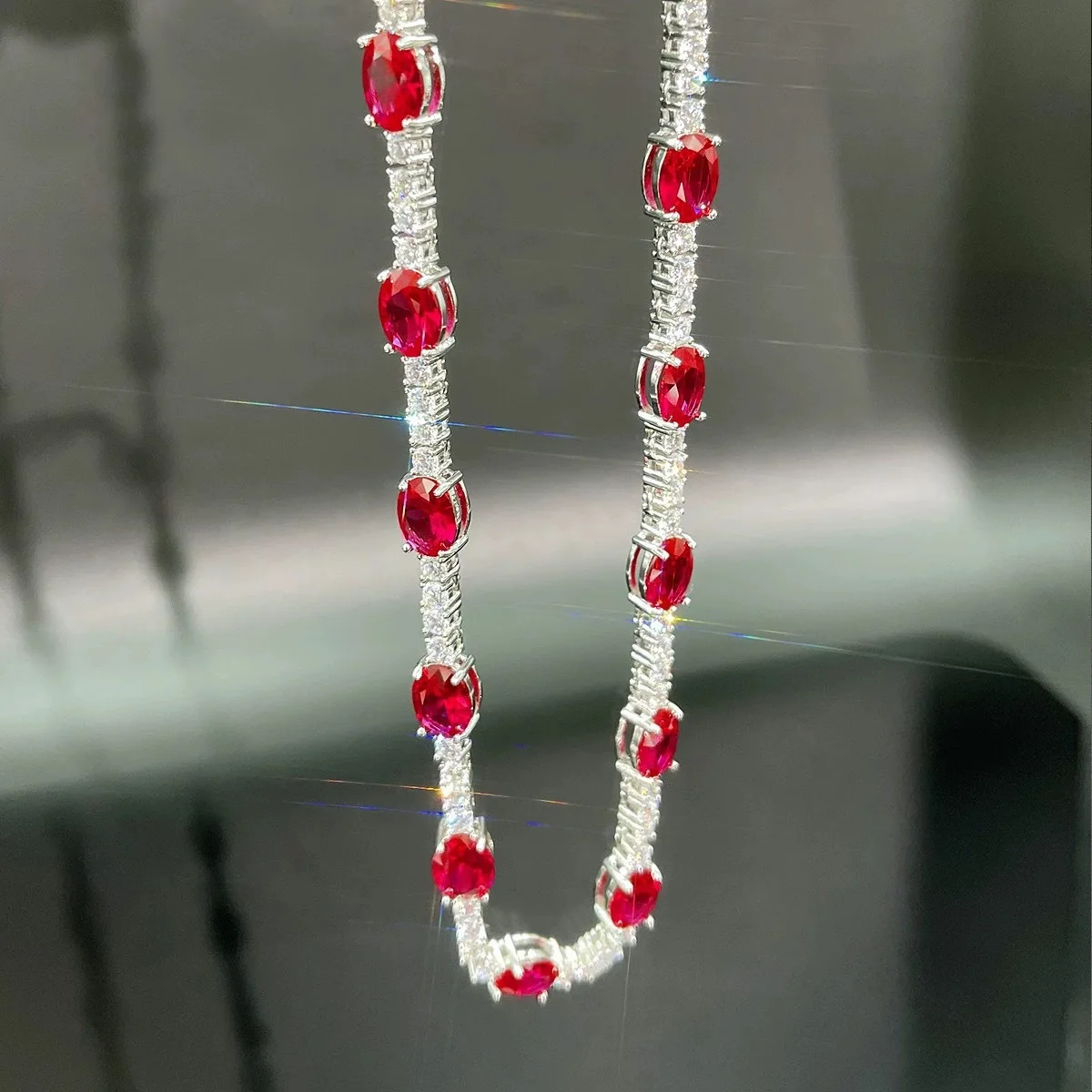 Silver Color 7*9mm Oval Cut Red Cubic Zirconia Chain Necklaces for Women Vintage Simulated Ruby Chokers Necklace Wedding Jewelry