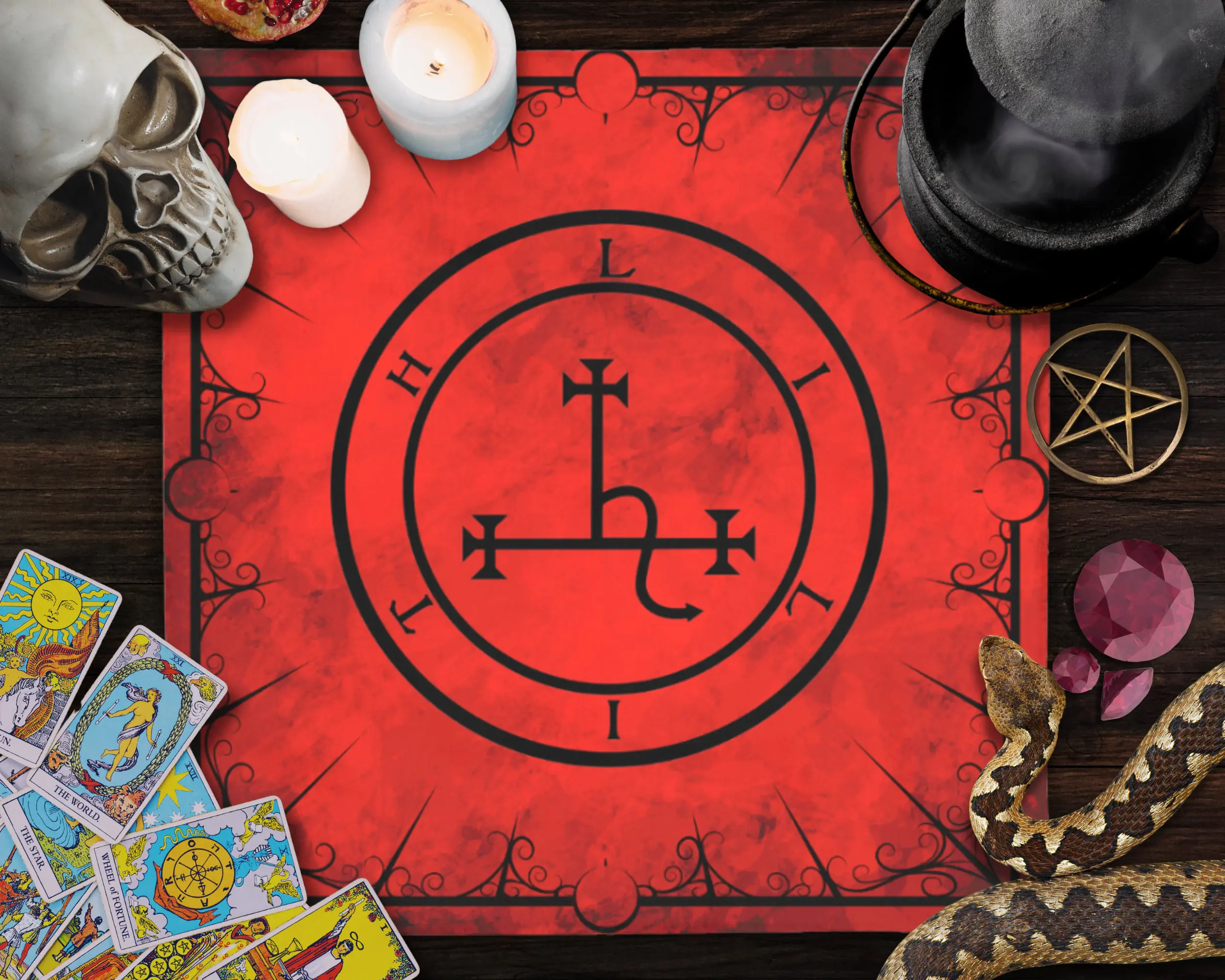 VIKAMA Rot-Schwarze Lilith Talisman Tapete, Dunkle Hexen-Altartuch, Zeremonien-Tarot-Wahrsagungstischdecke, Tarotkarten-Tischdecke