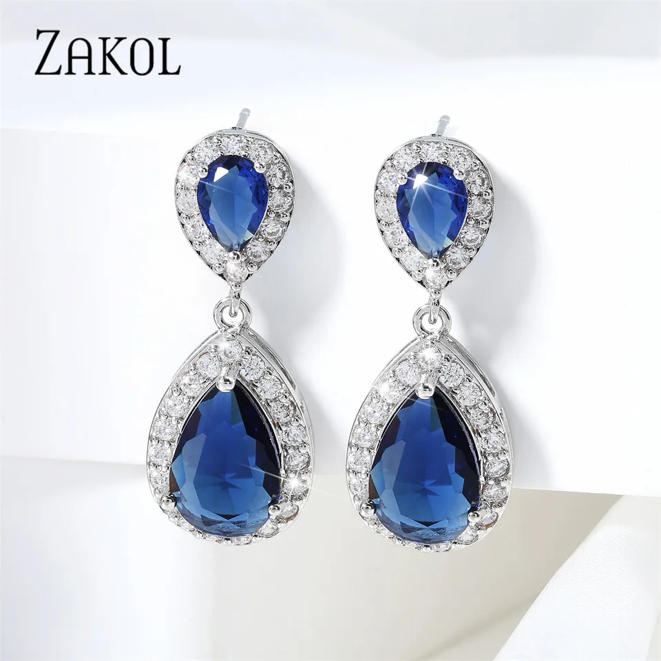 ZAKOL Nickle Free Fashion Classic Water Drop Crystal Zirconia Dangle Earrings Bridal Wedding Jewelry for Women Wholesale