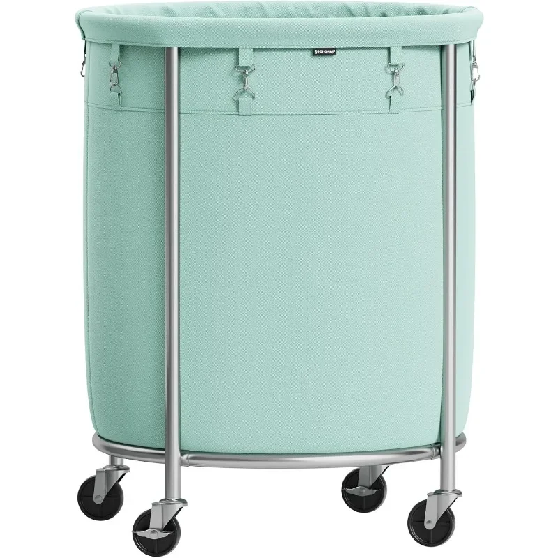 SONGMICS Laundry Basket with Wheels, Rolling Laundry Hamper, 45 Gal., Round Laundry Cart with Steel Frame and Removable Bag