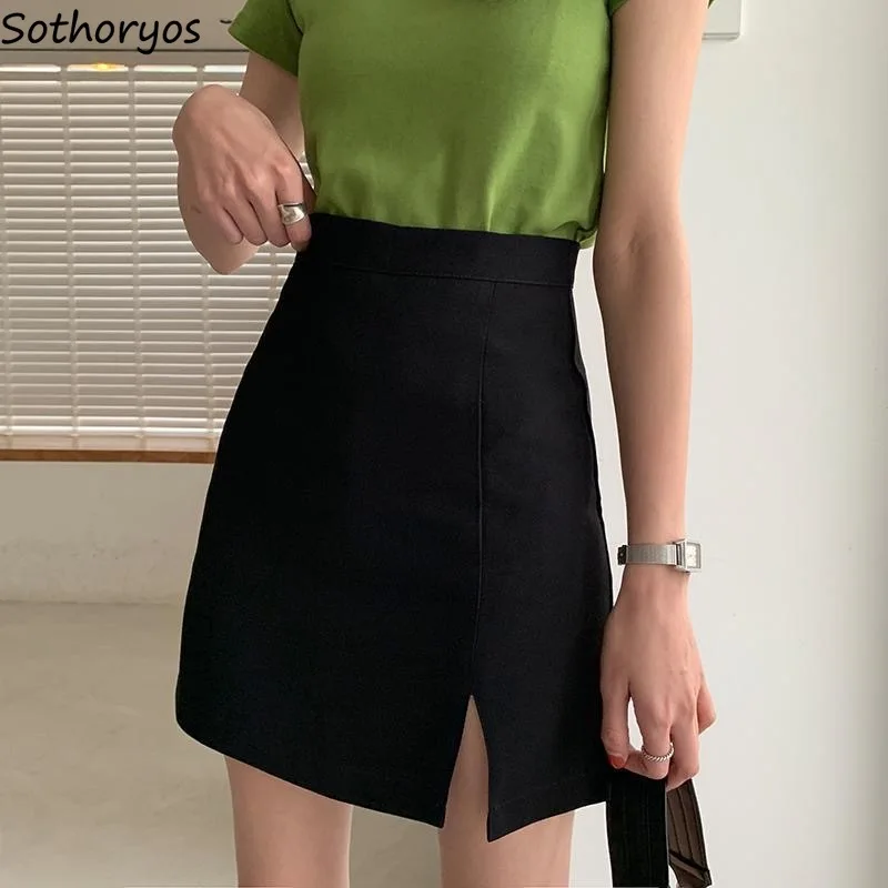 

Mini Skirts Women Side-slit Leisure All-match Pure Black High Waist Chic Females Simple Fashion Clothing Summer Daily Ulzzang