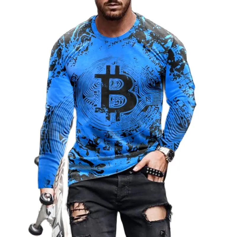 Fashion Bitcoin Graphic 3D Pringted Mens T-shirts Spring Streetwear Round Neck Long Sleeve Casual Loose Tops Tee Men Clothing