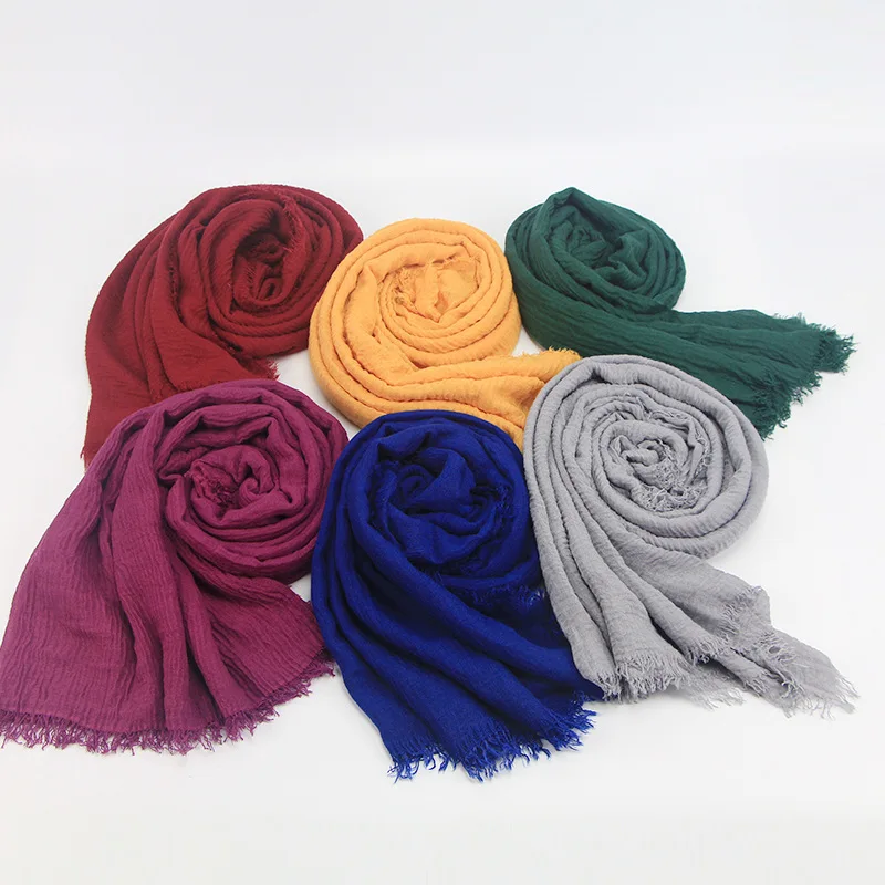 Muslim Hijab For Women Cotton Linen Pleated Solid Color Women\'s Fashion Hijab Turban Elegant Bandana Muslim Fringed Headscarf