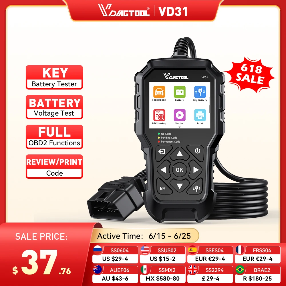 

VDIAGTOOL VD31 Car Fault Code Reader Key Battery Tester Accurate Engine Diagnostic Scanner Tool Read & Erase Fault Code View