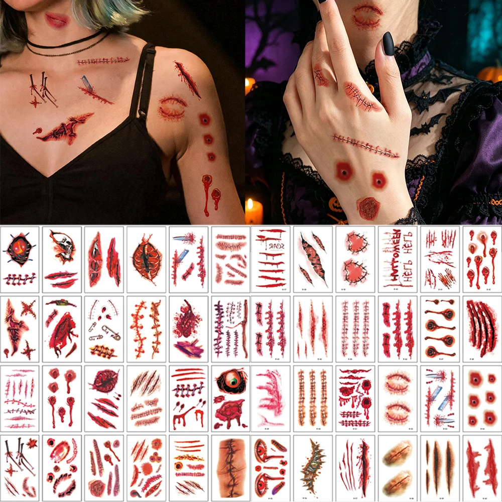 30 Sheets Realistic Scar Temproary Tattoos Waterproof Bloody Wound Fake Tattoo Stickers for Halloween Cosplay Face Body Makeup