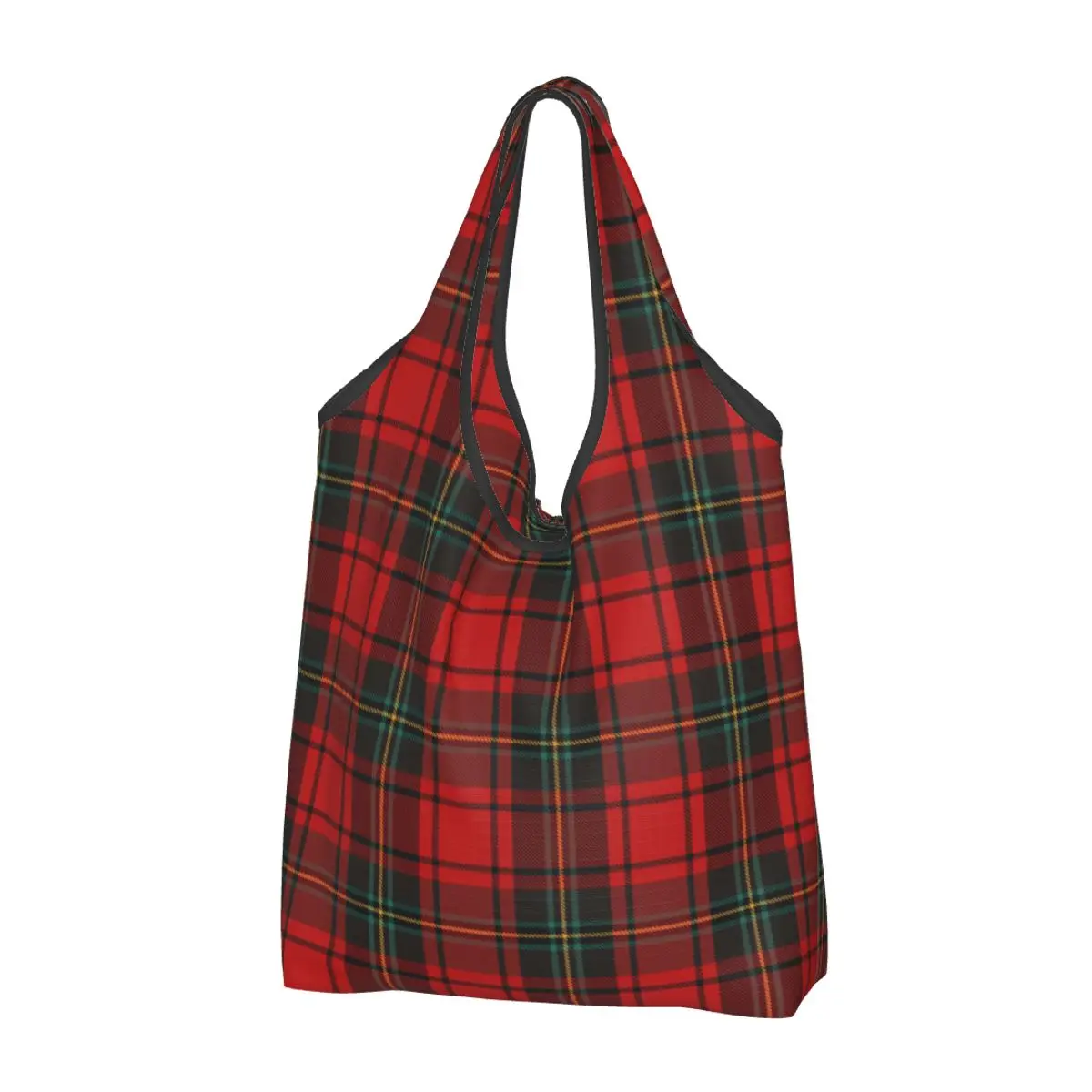 Large Reusable Tartan Clan Stewart Plaid Black Red Check Grocery Bags Foldable Shopping Eco-Friendly Bag Washable Fits in Pocket