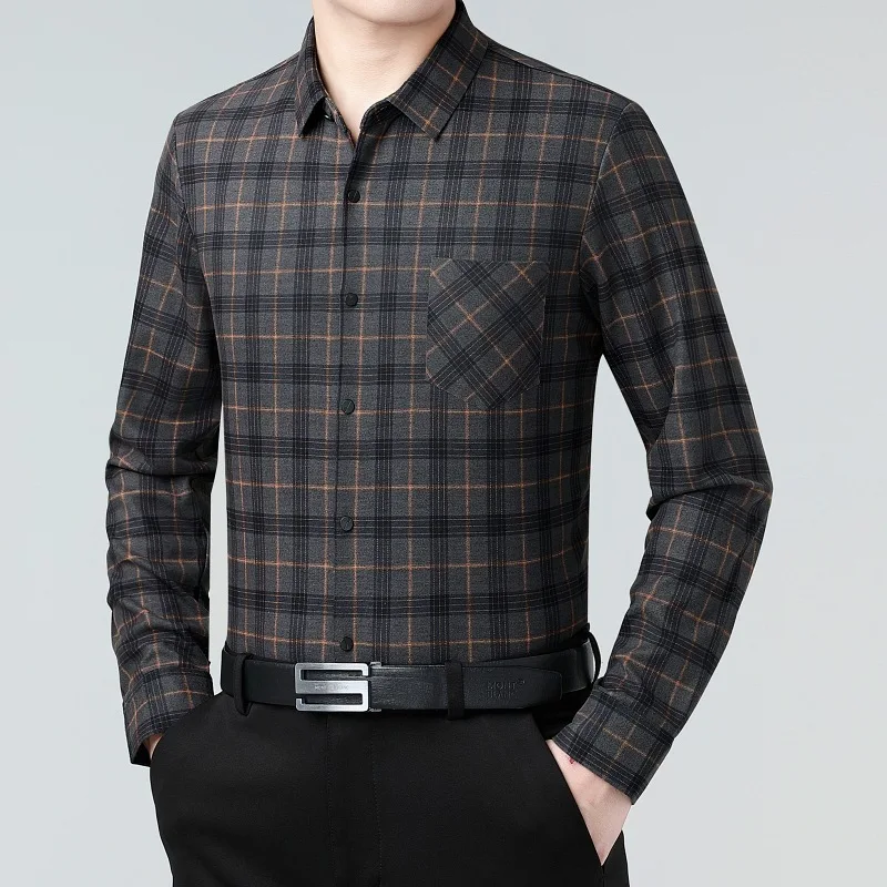 Long-sleeved Shirt Men's Autumn Business Casual Plaid Pocket Shirt