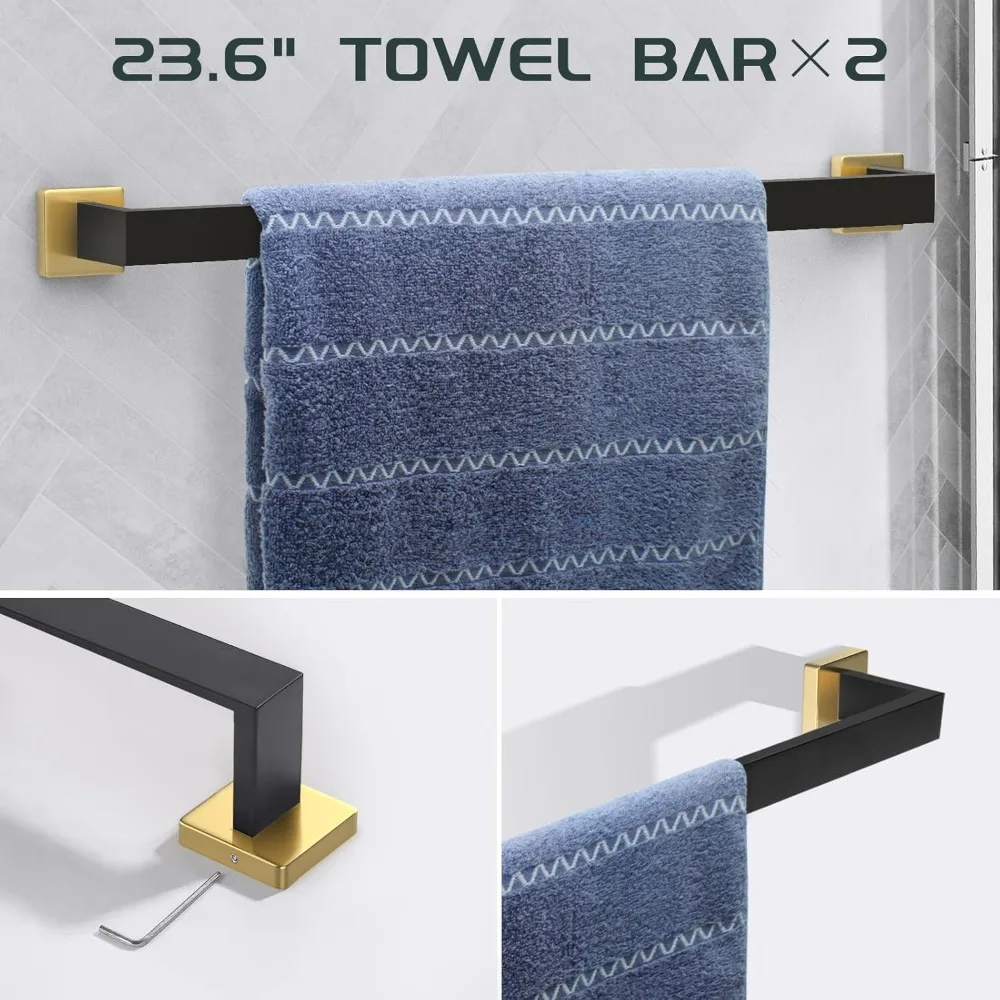 Luxury Black and Gold Bathroom Accessory Set - 7-Piece Towel Bar, Rack, Holder, and More