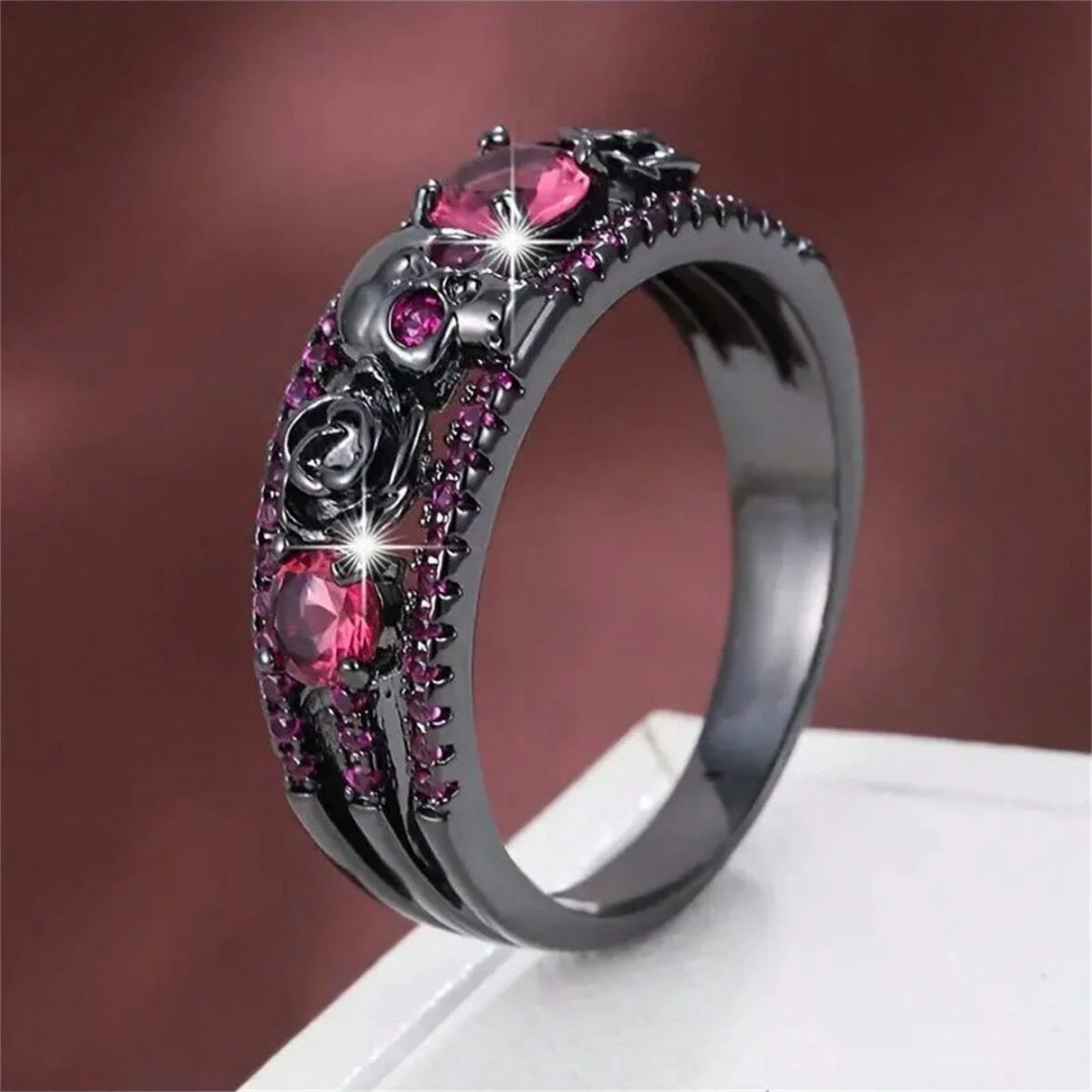 

Punk Gun Black Color Women's Zircon Rings Gothic Hollow Rose Design Red Rhinestone Skull Ring Engagement Jewelry Gifts Wholesale