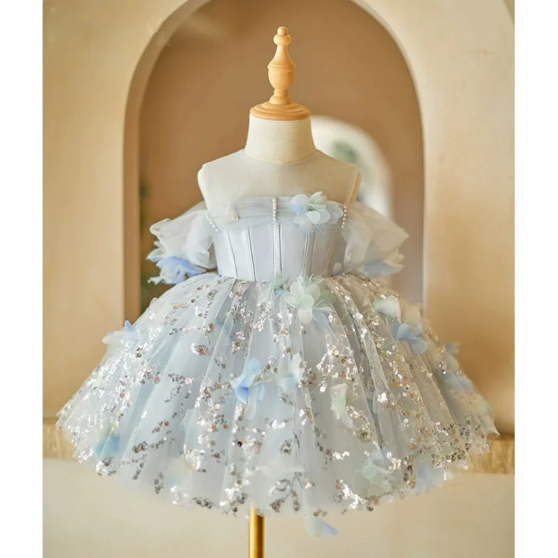 

Baby Girls Light Blue Tulle Party Dress Off Shoulder 3d Flower Sequin Dresses Toddler Princess Gown For Birthday And Wedding