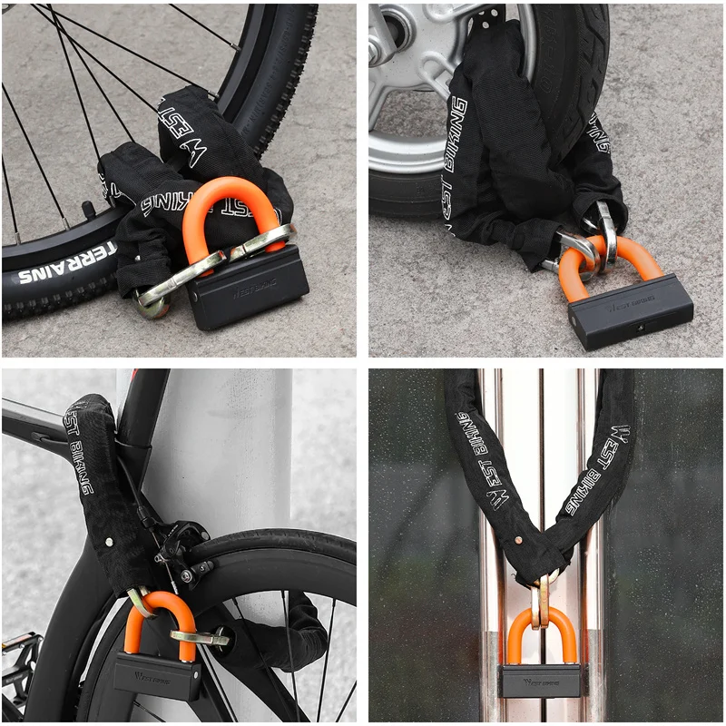 WEST BIKING Bicycle Chain Lock 2 In 1 U-lock Thicken Durable Anti-theft Safety Lock With 2 Keys MTB Road Bike Accessories