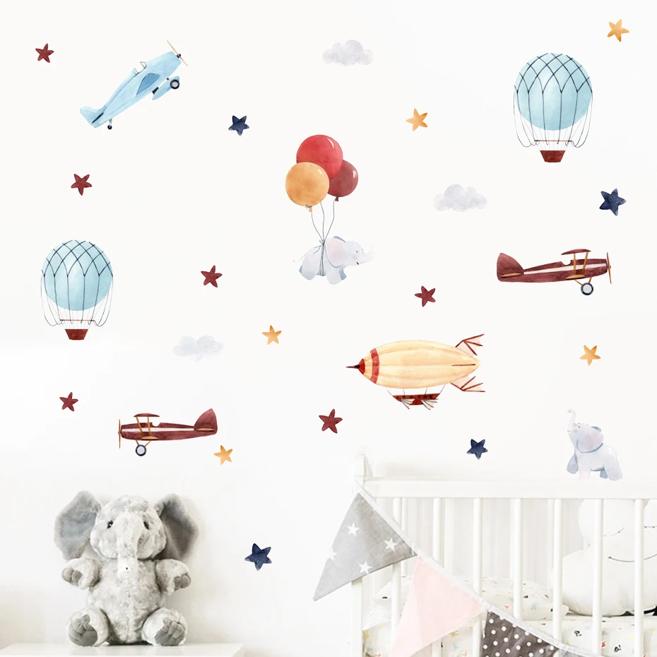 Cartoon Car Balloon Stars Nursery Sticker Watercolor Removable Children Poster DIY Wall Decals Art Print Kids Bedroom Home Decor