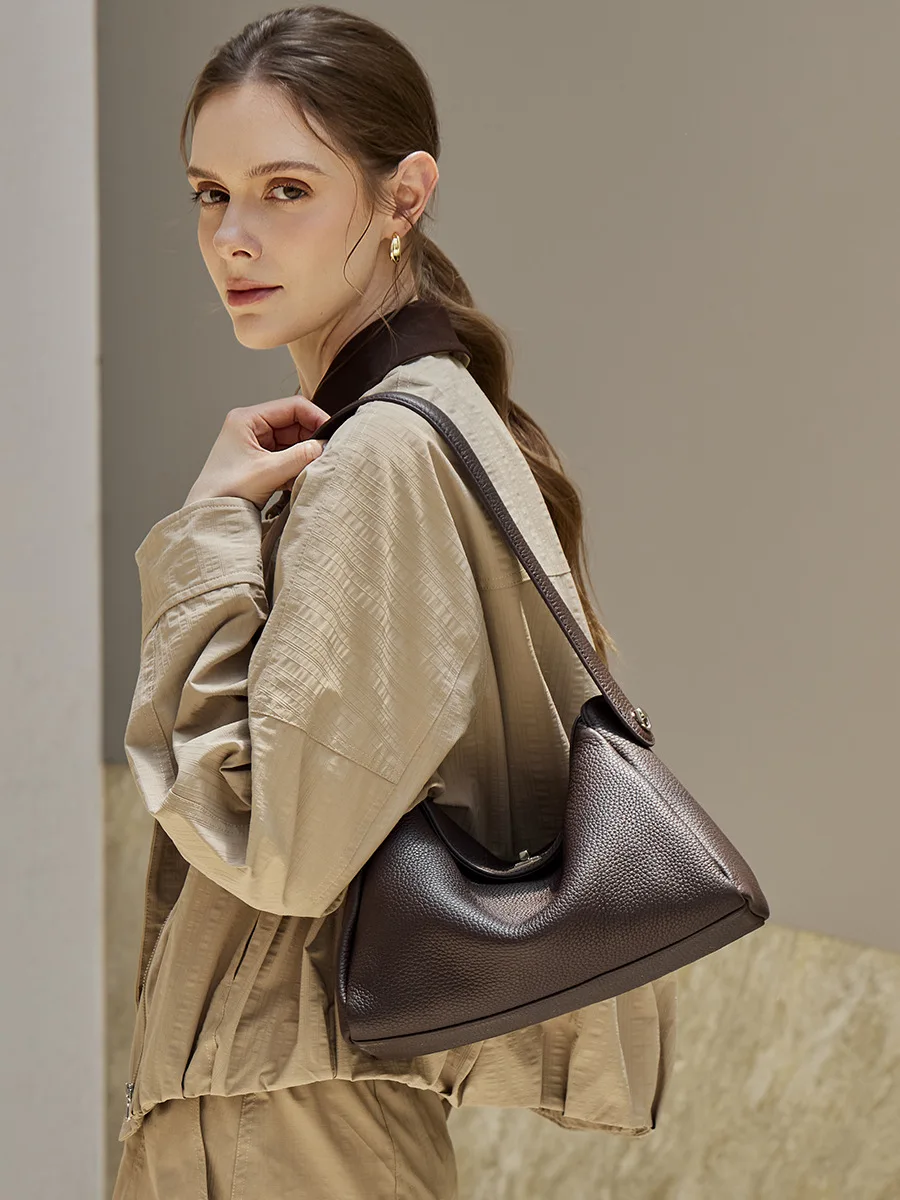 Korean Minimalist Design Ins-Style Underarm Bag, Elegant Simple Shoulder Bag, Genuine Leather Large-Capacity Crossbody Commuter