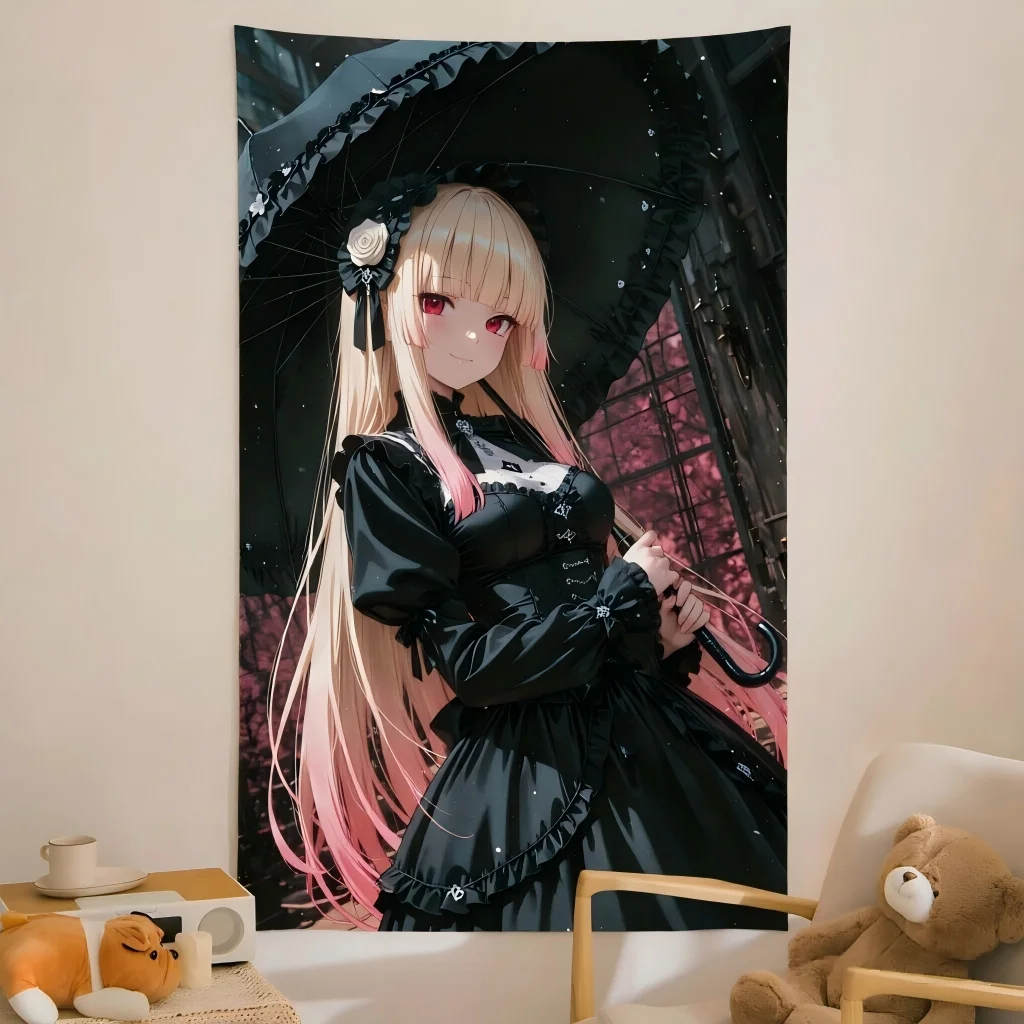 Gothic Lolita Anime Girl Tapestry Blonde Pink Ombre Hair Red Eyes Dark Vintage Bedroom DormDark Aesthetic Room Decor Gift