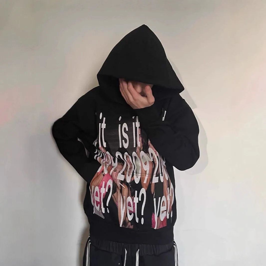 Garbage rock niche style loose pullover hoodie, retro 2009 portrait collage slogan print, unisex loose street hoodie