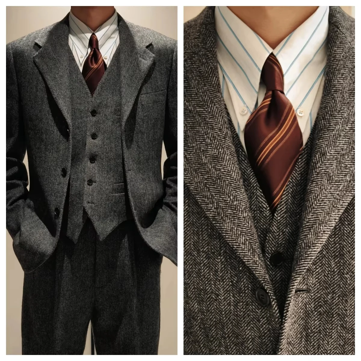 الرجعية متعرجة الرجال السترة الدعاوى الخريف الشتاء واحدة الصدر 3 قطعة مجموعة سترة سترة بانت سميكة نمط معاطف سهرة رسمية