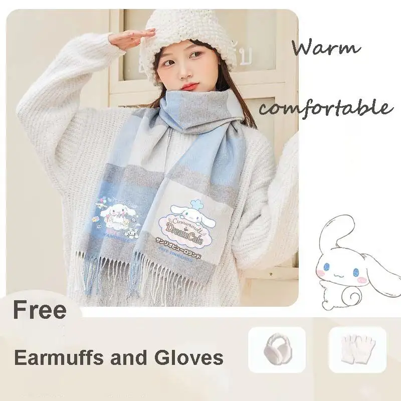 

Cinnamoroll Cashmere Checked Scarf Girls' Versatility Kawaii Birthday Gift Warmth and Comfort Earmuffs and Gloves for Free