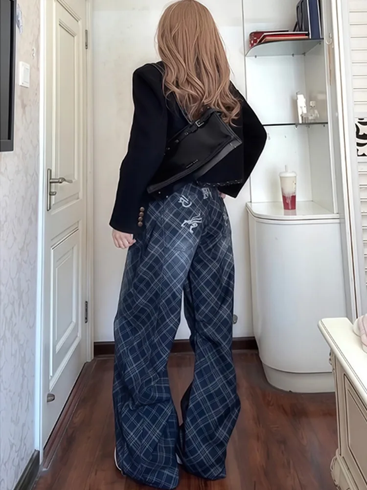 

Retro Embroidered Plaid Loose Fit High Waist Denim Jeans for Women Autumn Casual Machine Washable Teenager Friendly Comfortable