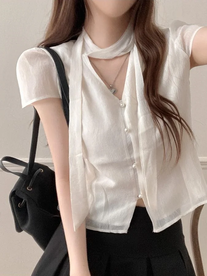 

Chic Sweet Women's irt V-ne Sa Knot Pearl Single Button ort Sve Summer Top Commute Sle Pure Color
