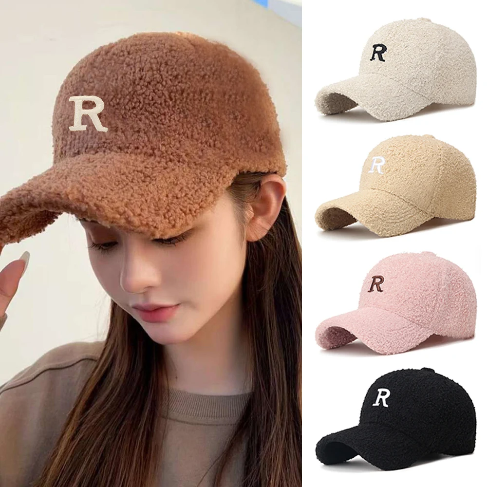 R Versatile Baseball Cap Blended Cap Designer Female Autumn And Winter All Match Plush Hat Suitable For Face Big Baseball Caps